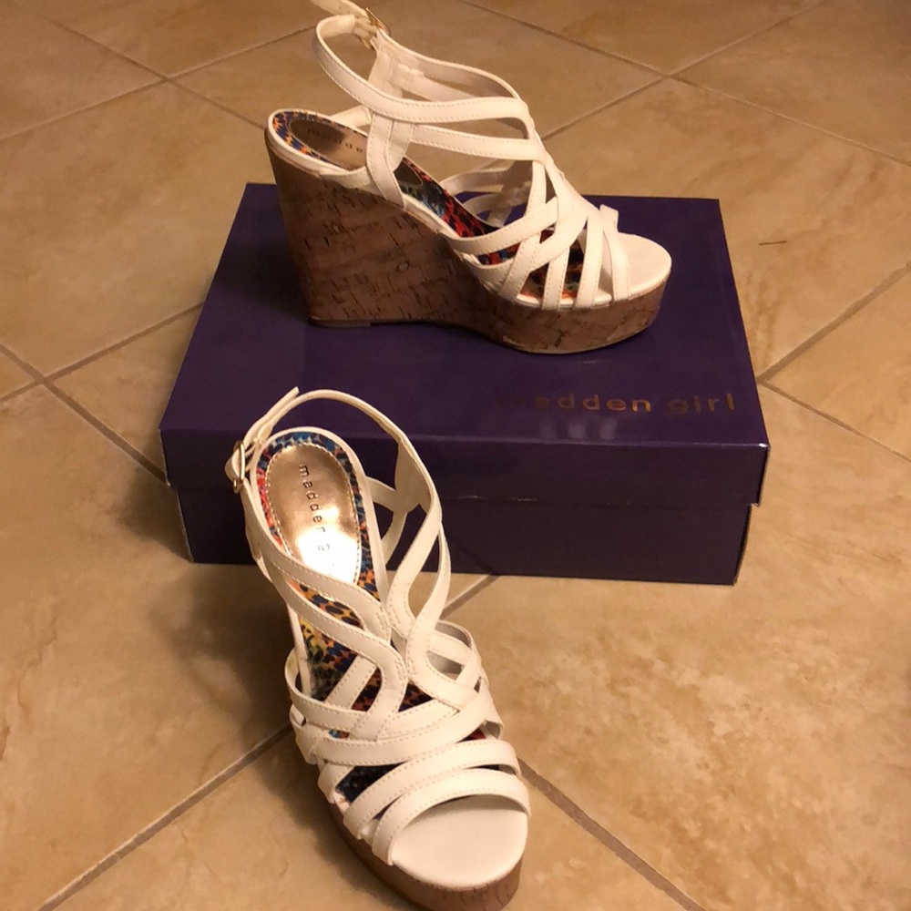 Madden girl open toed white wedges